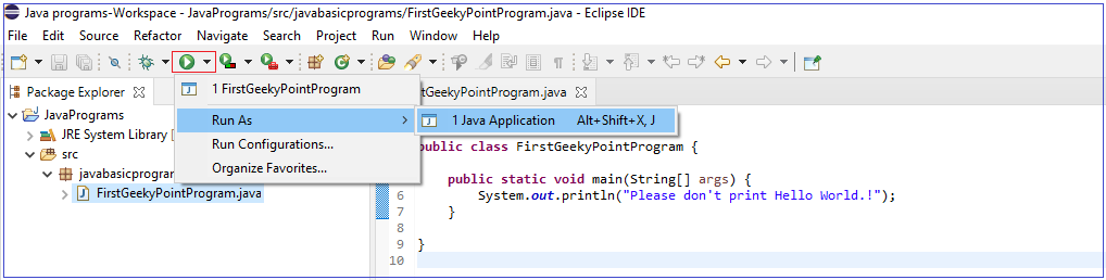 run the Java program in eclipse third way